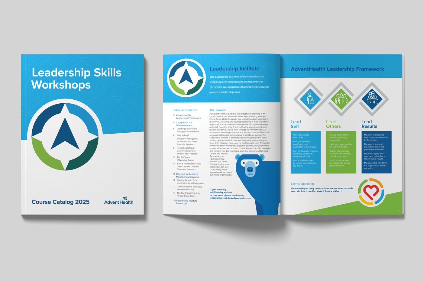 Course catalog front cover and Leadership Institute introduction spread